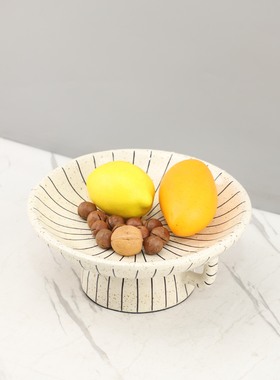 现代极简手绘条纹双耳树脂果盘托盘茶几客厅家居创意甜品盘装饰品