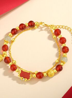 红玛瑙招财猫咪手串女纯银