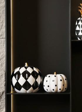 简约现代北欧黑白格纹陶瓷花瓶轻奢样板房间家居软装饰品桌面摆件