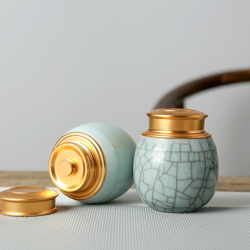 青瓷小号迷你茶叶罐金属盖陶瓷小茶罐密封罐便携旅行存茶罐储茶罐 - 图0