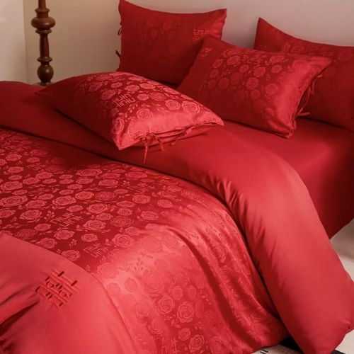 高档中式结婚四件套大红色新婚床单被套纯棉婚庆床上用品婚房喜被 - 图0