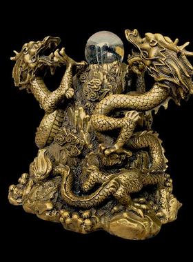 纯铜双龙戏珠摆件二龙戏珠铜双龙工艺品风水铜龙金属招财摆设家居