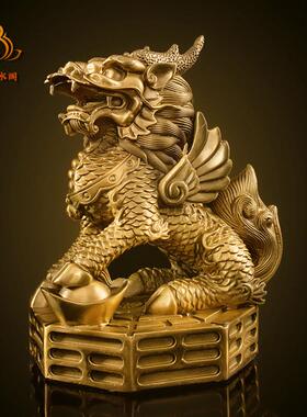 铜麒麟摆件公母一对纯黄铜镇宅招财麒麟八卦办公室客厅乔迁装饰品