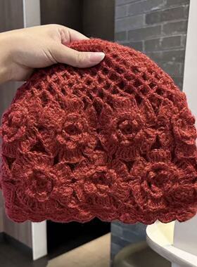 韩版秋冬女手工钩花加厚保暖帽