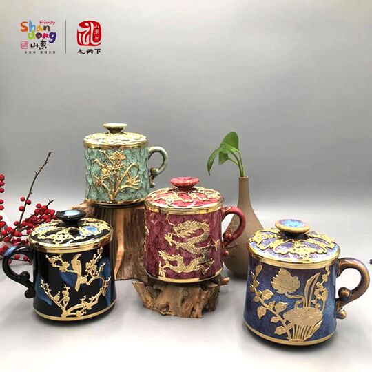 好客山东 威海窑变锡镶盖杯茶杯带盖水杯家用办公室老式会议杯子