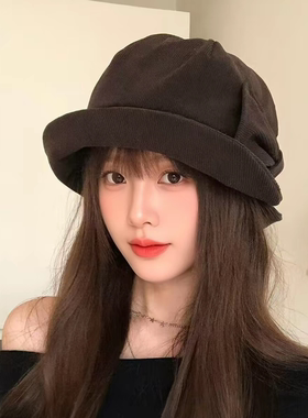 秋冬灯芯绒宽檐渔夫帽女保暖显脸