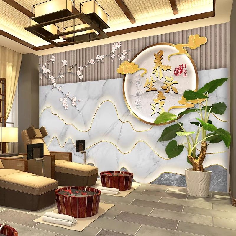 8D中医养生头疗采耳馆墙纸新中式意境花鸟立体5D背景墙足疗馆壁画,淘宝优惠券,粉丝福利购,淘宝优惠卷