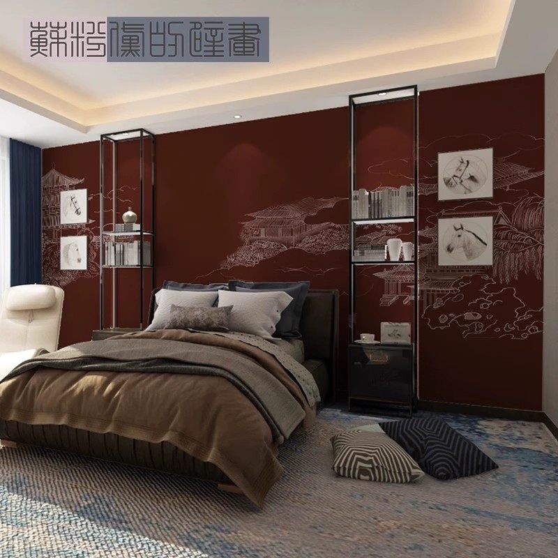 金山楼阁意境山水画祥云墙纸中式电视背景墙壁布酒店卧室床头壁纸,淘宝优惠券,粉丝福利购,淘宝优惠卷