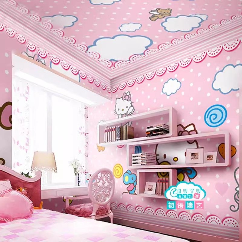 儿童房壁纸女孩卧室公主房立体墙纸卡通kitty猫墙贴儿童乐园壁画,淘宝优惠券,粉丝福利购,淘宝优惠卷