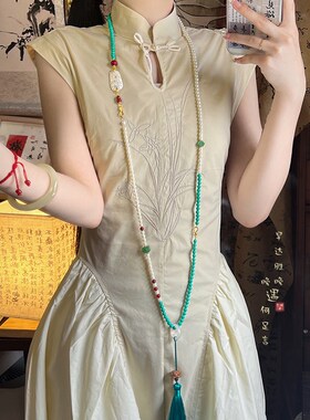 [高品质]天然石串珠长款流苏项链新中式古风国风斜挎链小众配饰