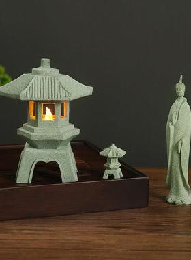 青砂石小石灯笼水族鱼缸造景盆景假山花盆石头亭子中式微景观装饰