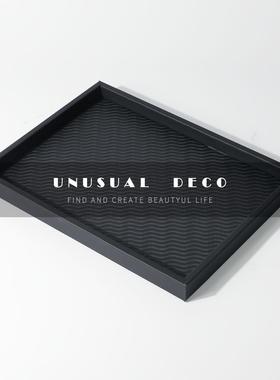 现代简约灰色皮质矩形轻奢桌面摆件 客厅卧室方形皮革装饰托盘