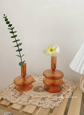 ins风棕色玻璃烛台花瓶 韩风小众客厅干花插画器皿 假花桌面摆件