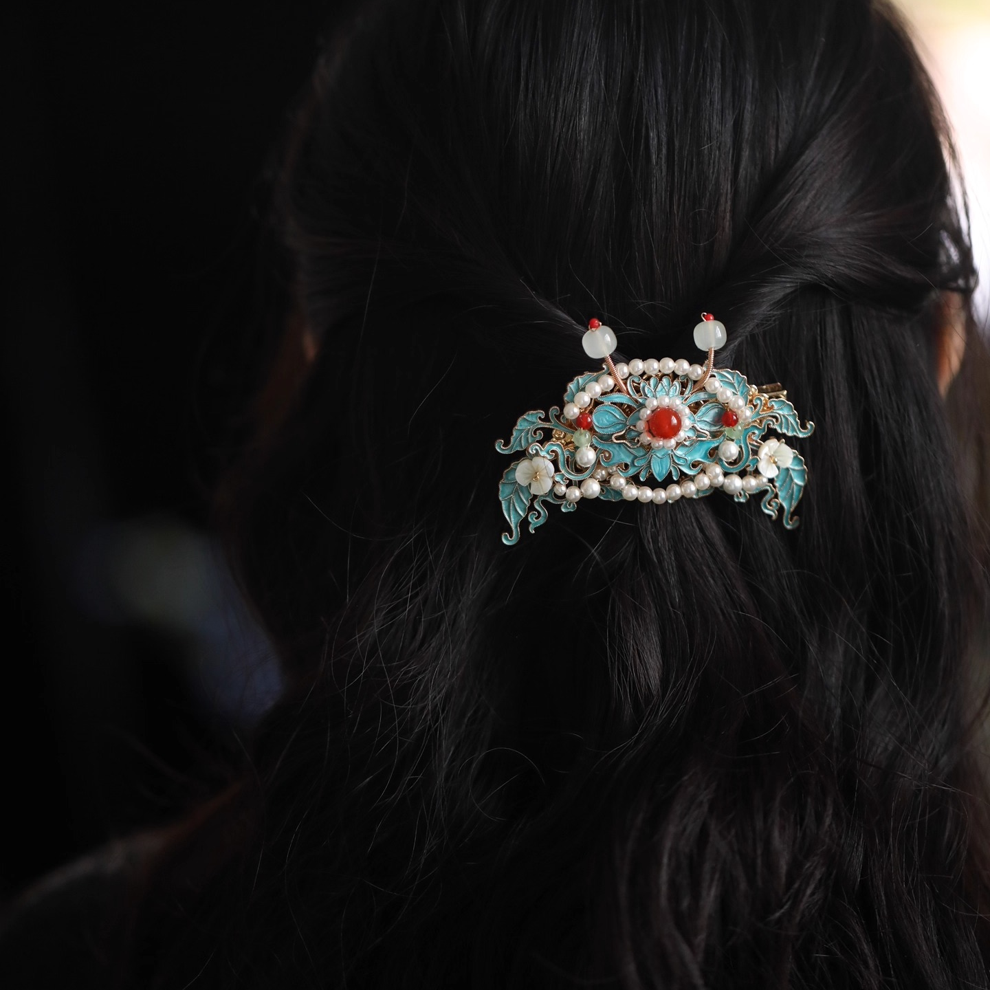 新中式古风祥云珍珠流苏发夹侧边汉服发饰对夹古典国风烧蓝夹子女,淘宝优惠券,粉丝福利购,淘宝优惠卷