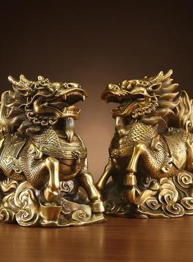 黄桌铜麒 麟摆件一对新中式家居办公室礼装饰品面摆设开瑞兽麒麟