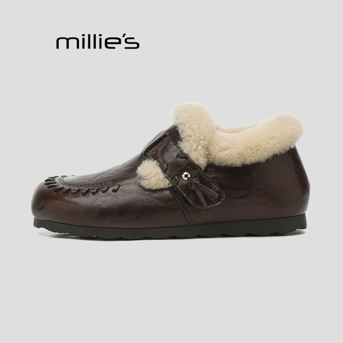 MILLIE'S/妙丽复古加绒全包真皮勃肯鞋冬季新款平底保暖毛毛鞋女Q - 图1