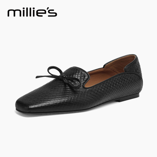 MILLIE'S/妙丽蝴蝶结软羊皮尖头深口单鞋女粗跟新一脚蹬中跟黑色 - 图0