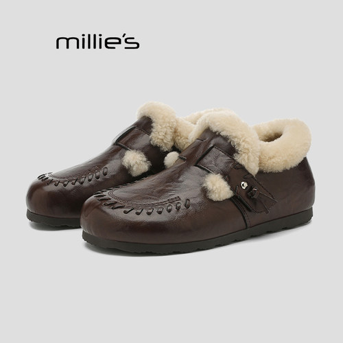 MILLIE'S/妙丽复古加绒全包真皮勃肯鞋冬季新款平底保暖毛毛鞋女Q - 图0