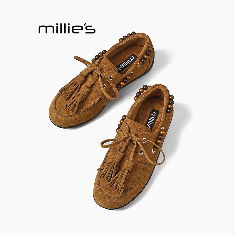 MILLIE'S/妙丽流苏串珠吊坠乐福鞋女真皮平底休闲豆豆懒人单鞋女Z,淘宝优惠券,粉丝福利购,淘宝优惠卷