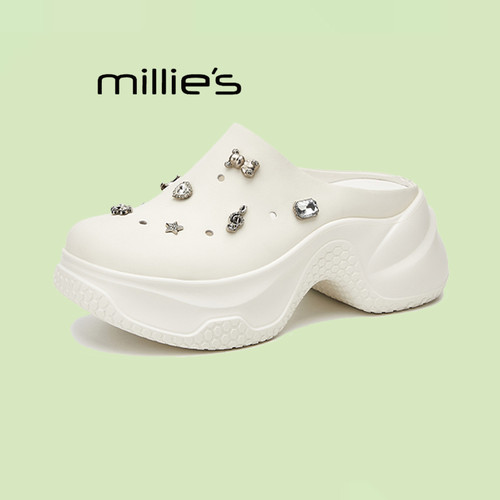 MILLIE'S/妙丽2026春季新品水钻厚底洞洞鞋女包头半拖懒人鞋增高 - 图1