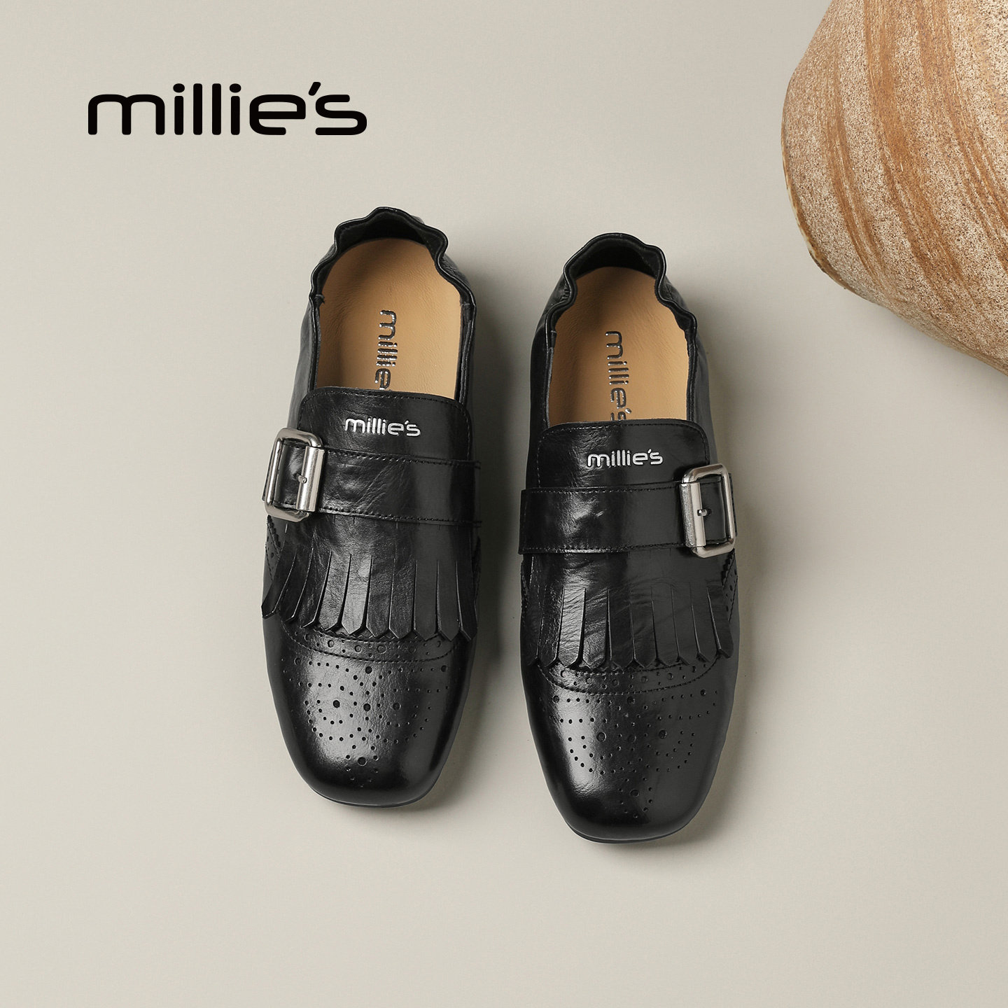 MILLIE'S/妙丽复古英伦风黑色皮带扣乐福鞋女百搭流苏小皮鞋Q,淘宝优惠券,粉丝福利购,淘宝优惠卷
