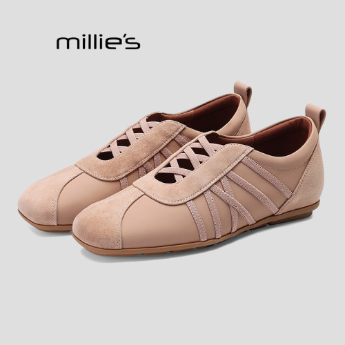 MILLIE'S/妙丽交叉绑带德训鞋女平底一脚蹬休闲运动鞋粉色女鞋P - 图1