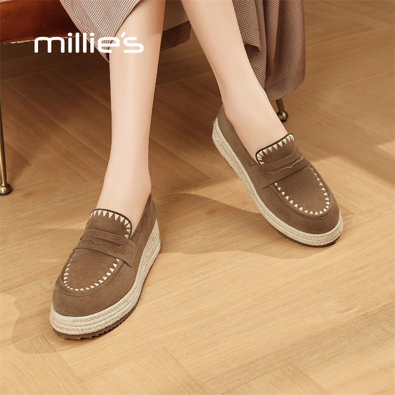 MILLIE'S/妙丽增高休闲百搭单鞋2026新款春时尚真皮厚底乐福鞋女Z,淘宝优惠券,粉丝福利购,淘宝优惠卷