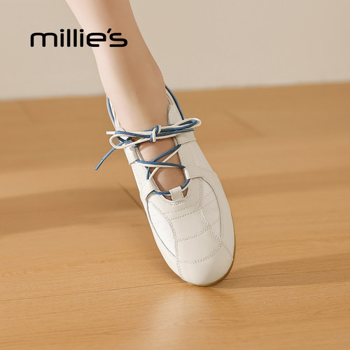 MILLIE'S/妙丽2026新品白色德训鞋女蝴蝶结系带平底百搭休闲鞋P - 图3