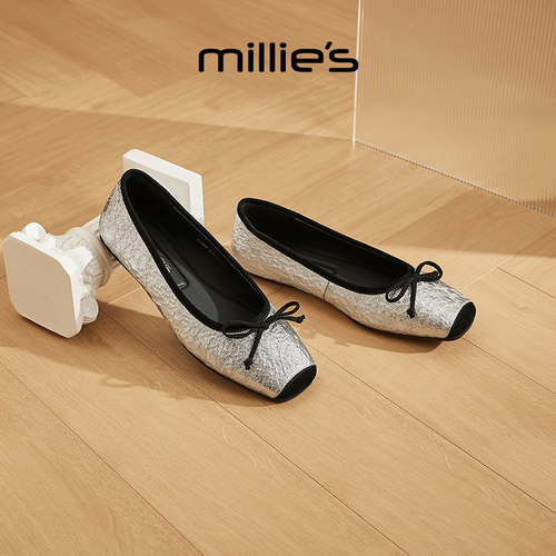 MILLIE'S/妙丽银色方头平底玛丽珍鞋女蝴蝶结单鞋优雅舒适不累脚Z - 图0