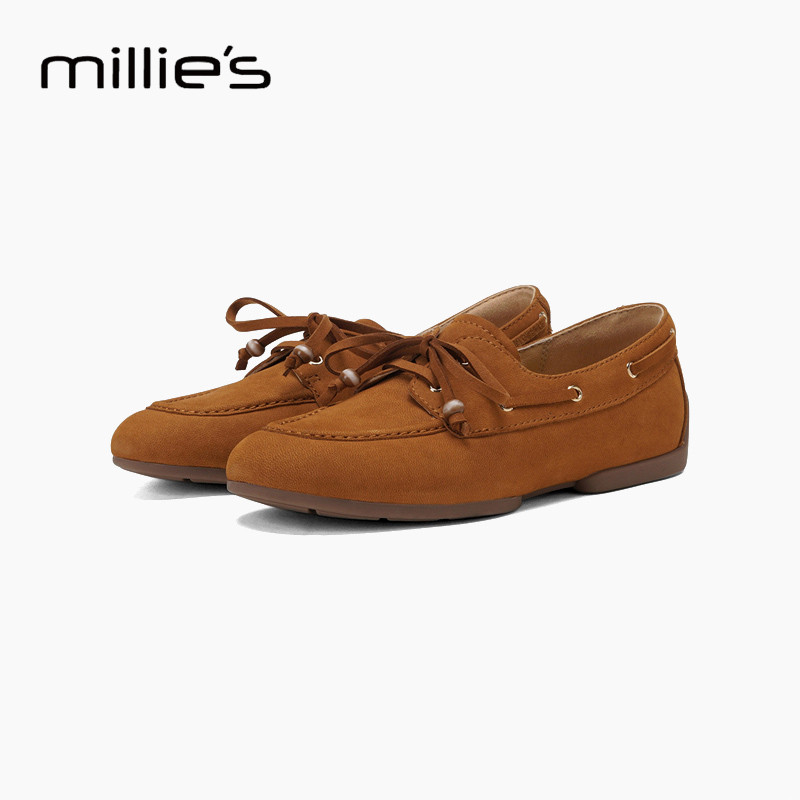 MILLIE'S妙丽2025新款反绒皮乐福鞋女系带平底百搭单鞋Q,淘宝优惠券,粉丝福利购,淘宝优惠卷