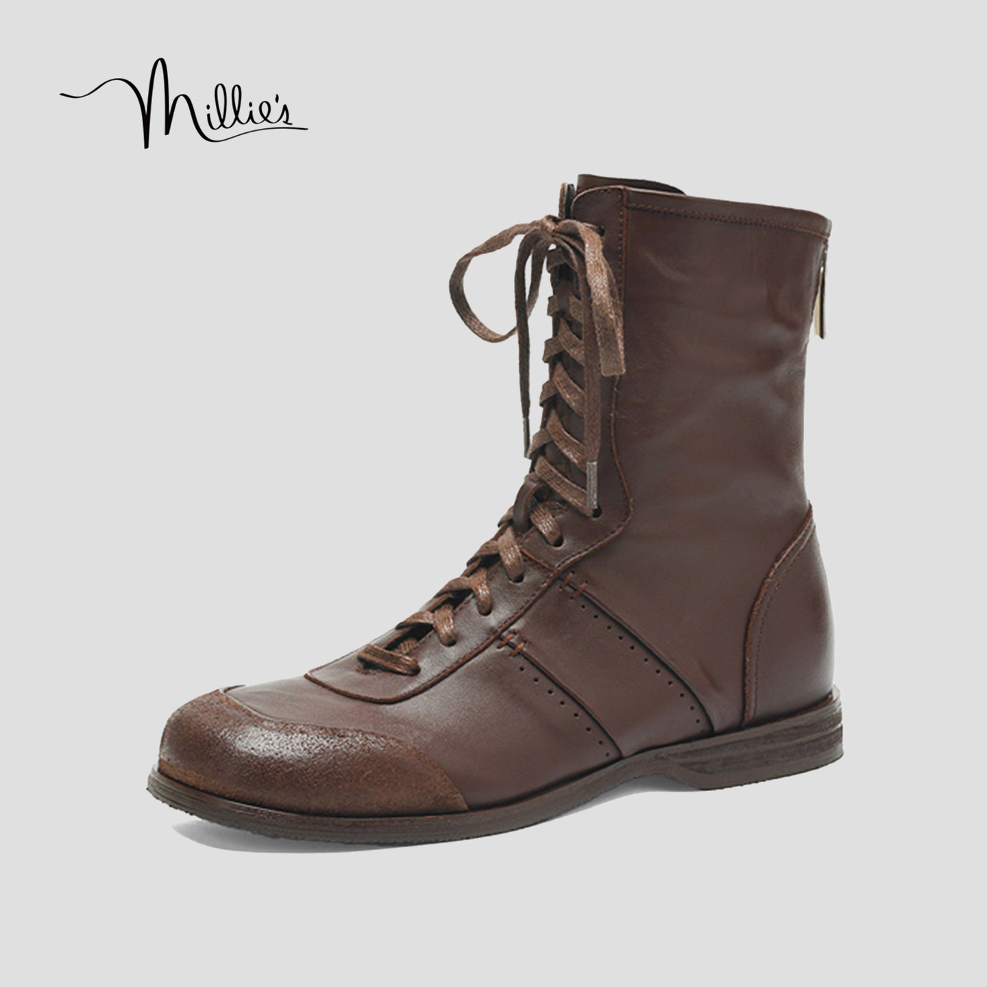 MILLIE'S/妙丽美拉德风真皮系带短靴女英伦风马丁靴弹力靴不累脚Q,淘宝优惠券,粉丝福利购,淘宝优惠卷