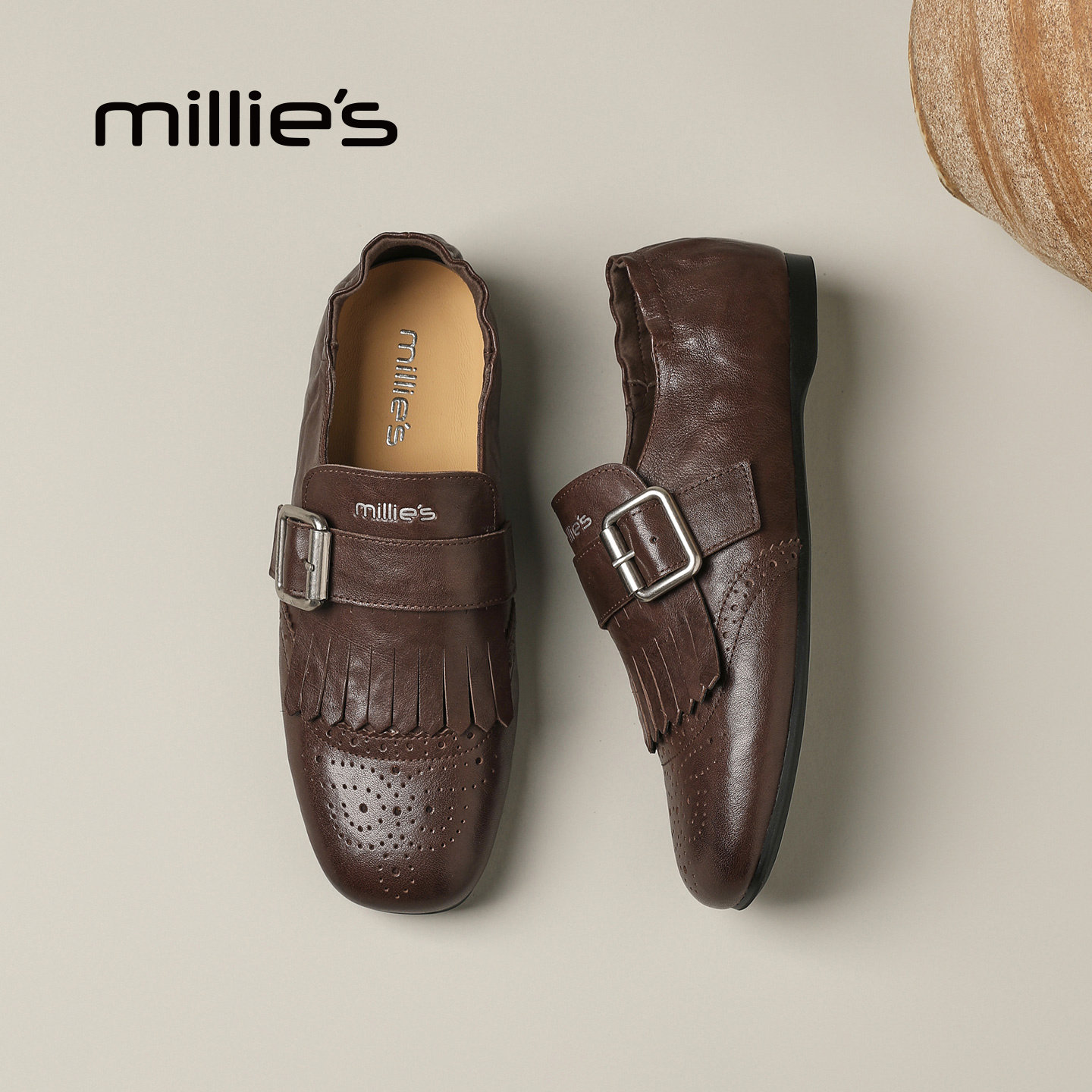 MILLIE'S/妙丽复古皮带扣乐福鞋女英伦风流苏小皮鞋百搭德训鞋Q,淘宝优惠券,粉丝福利购,淘宝优惠卷