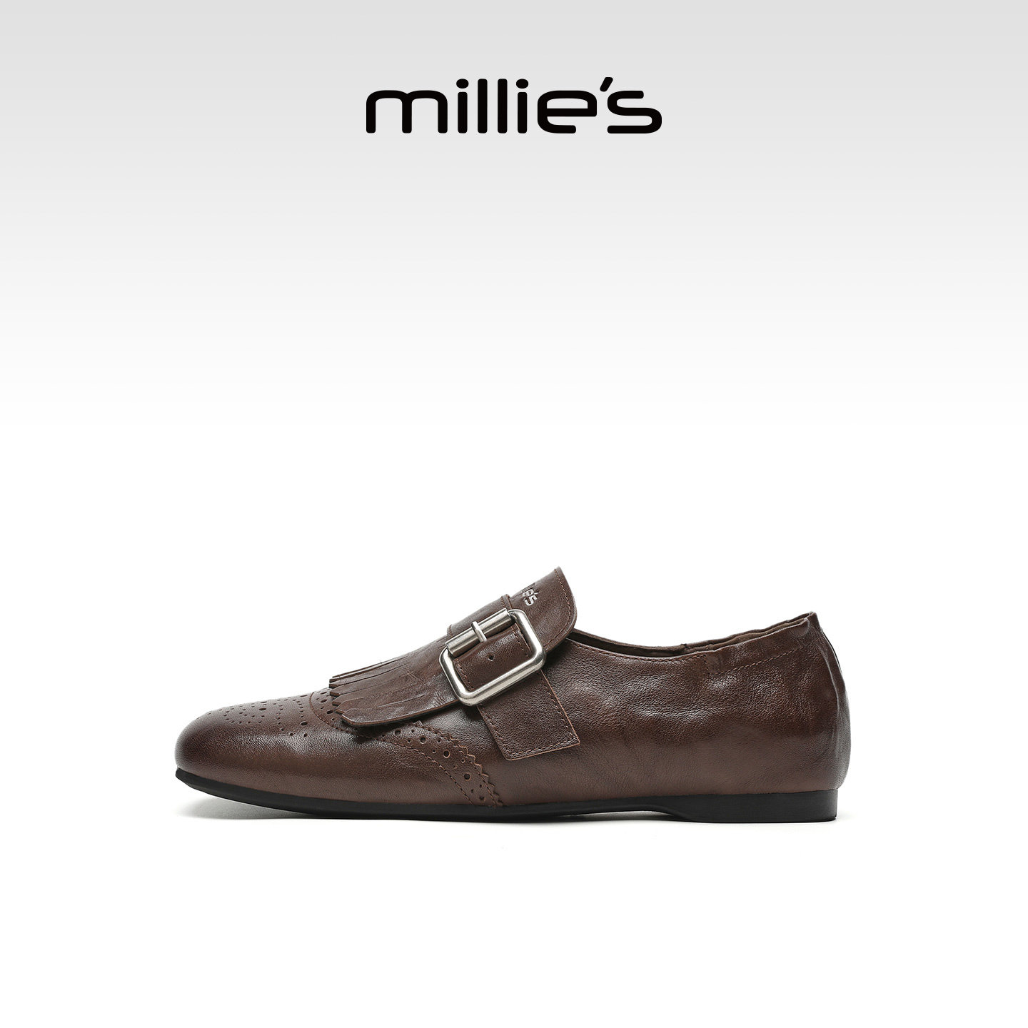 MILLIE'S/妙丽布洛克风流苏皮带扣老爹鞋休闲平底小皮鞋百搭女鞋Q,淘宝优惠券,粉丝福利购,淘宝优惠卷