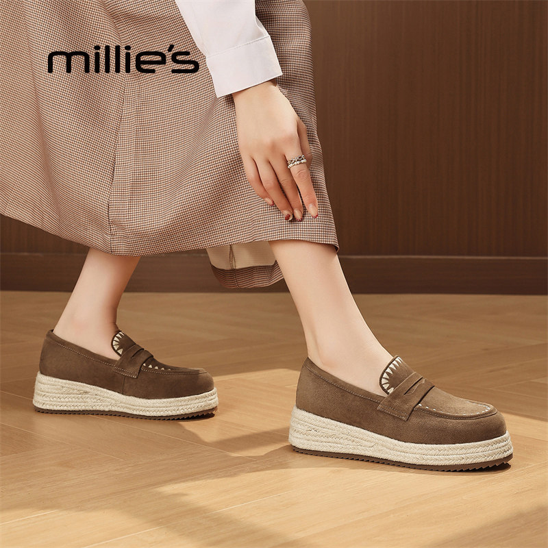 MILLIE'S/妙丽增高休闲百搭单鞋2026新款春时尚真皮厚底乐福鞋女Z,淘宝优惠券,粉丝福利购,淘宝优惠卷