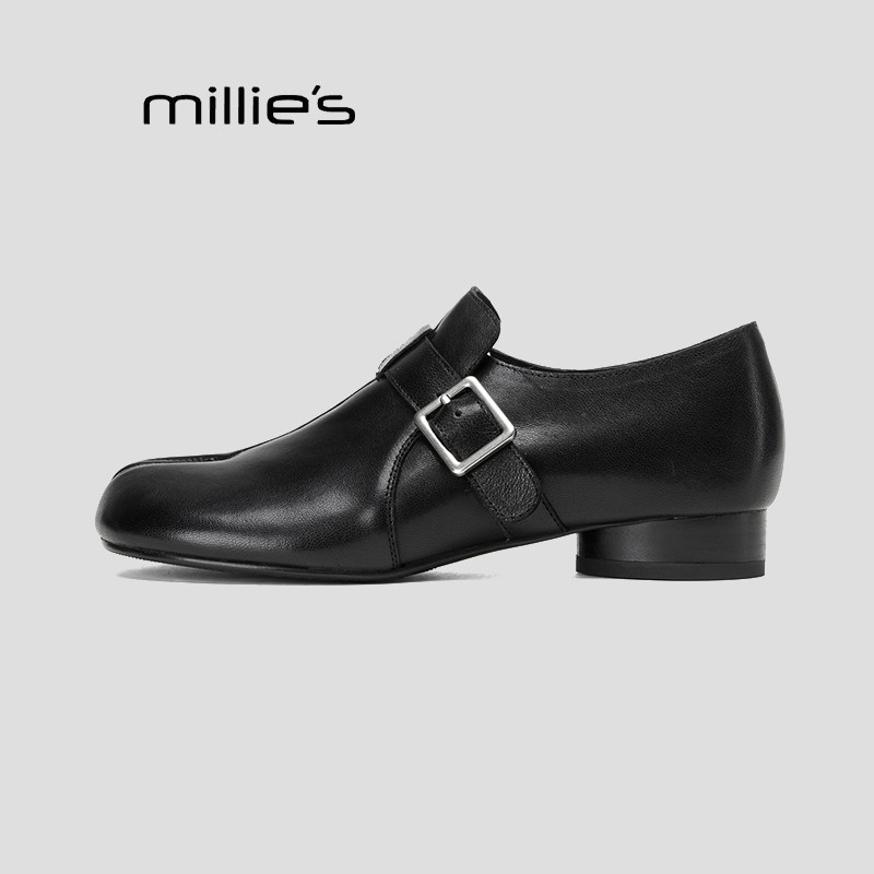 MILLIE'S/妙丽复古气质单鞋女2025新款粗跟一脚蹬软皮小皮鞋HZ,淘宝优惠券,粉丝福利购,淘宝优惠卷