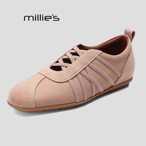 MILLIE'S/妙丽交叉绑带德训鞋女平底一脚蹬休闲运动鞋粉色女鞋P - 图2