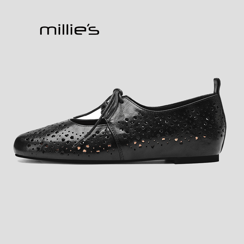 MILLIE'S/妙丽法式镂空透气系带深口单鞋女春款真皮内增高小皮鞋Q,淘宝优惠券,粉丝福利购,淘宝优惠卷
