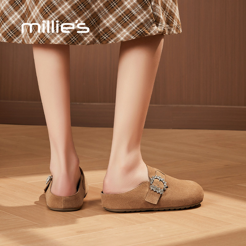 MILLIE'S/妙丽真皮勃肯鞋女水钻懒人一脚蹬包头半拖鞋百搭豆豆鞋Z,淘宝优惠券,粉丝福利购,淘宝优惠卷