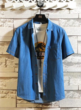 2023Men's Blue Denim Shirts Short Sleeve Jean Shirts New Su