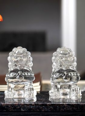 邸高家居新中式玻璃对红狮子样板房间书房摆件琥珀色动物饰品摆设