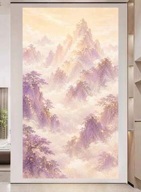 国潮鎏金彩墨山水插画贴画客厅书房墙面大气不留胶遮丑装饰贴纸