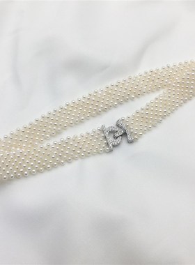 日系网红款珍珠时尚编织猫爪蕾丝淡水珍珠项链锁骨链颈链银搭扣