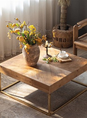 侘寂风客厅沙发实木茶几民宿复古做旧网红小O圆桌小户型家居边角