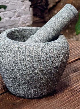 复古老青石捣蒜器切割一体成型老物件家用研磨石臼蒜臼天然石