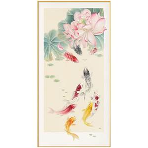墙蛙荷花九鱼图新中式玄关入户装饰画客厅水墨画莲花走廊过道挂画