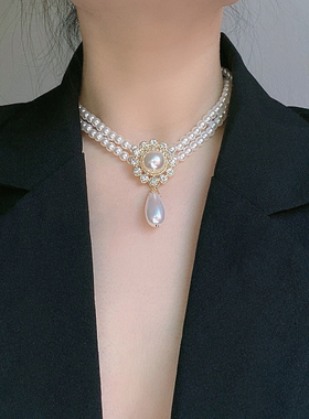 复古宫廷风轻奢镶钻双层珍珠项链赫本优雅气质锁骨链宴Z会礼服配