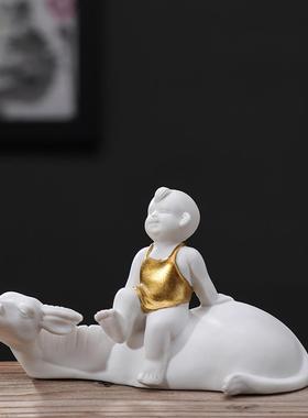 陶瓷牧童骑牛送子娃娃旺丁招财玄关客厅电视柜禅意家居装饰品摆件