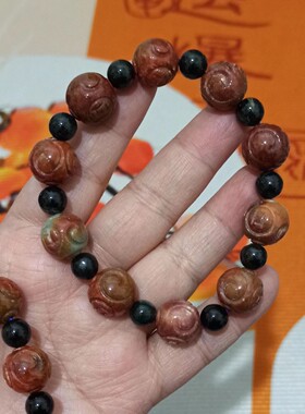天然翡翠烧红翡回纹珠手串