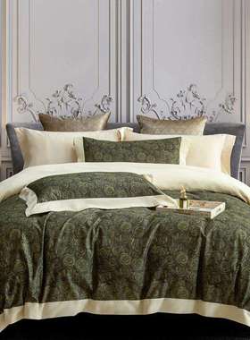 高端100支长绒棉磨毛四件套轻奢印花丝滑秋冬加厚被罩床笠床品