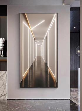 走廊过道挂画简约轻奢入户玄关装饰画空间延伸进门正对墙壁画带灯